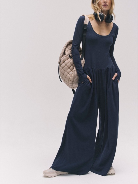 FP Movement by Free People Pants - Free People FP Movement Hot Shot Wide Leg Long Sleeve Onesie Jumpsuit navy